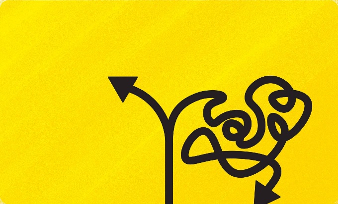 A yellow background with a simple graphic of two arrows going in different directions. One arrow goes in a clear direction and another twists in a complicated route.