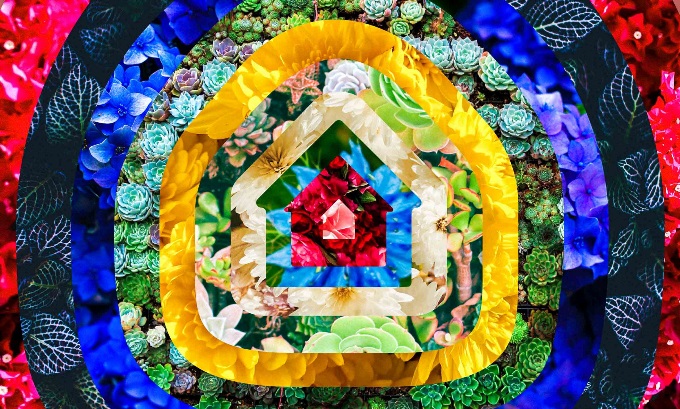A graphic showing a home icon radiating out in colorful rings over a field of flowers that conveys harmony in difference, the potential for abundant growth, and a sense of security.