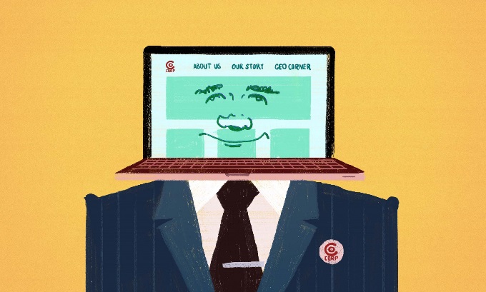 A graphic of a man with a computer as his head.