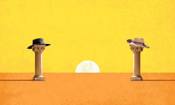 Graphic of a Wild West sunset showdown between two columns, reminiscent of higher-education, in cowboy hats.