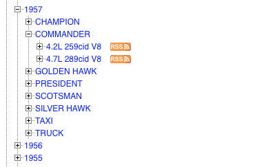 A list of blue links. The 1957 drop down arrow is open. The two options are 4.2L 259cid V8 and 4.7L 289cid V8, each with an rss symbol.