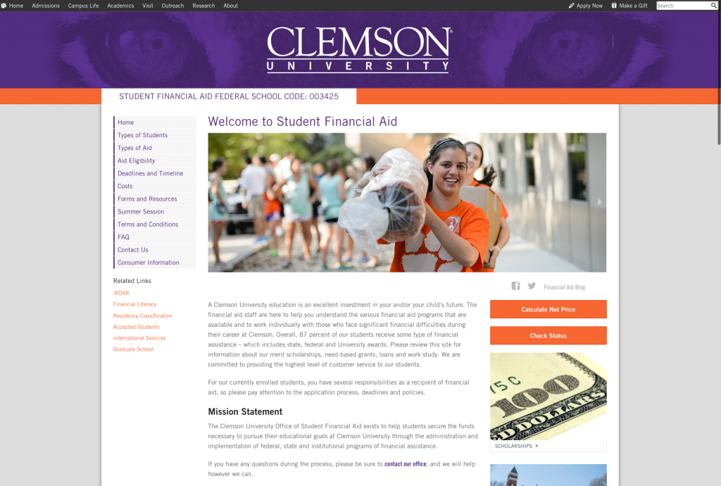The Clemson University Student Financial Aid page. There is a picture of a student carrying a rug. There is a large wall of text that is the financial office's mission statement. 