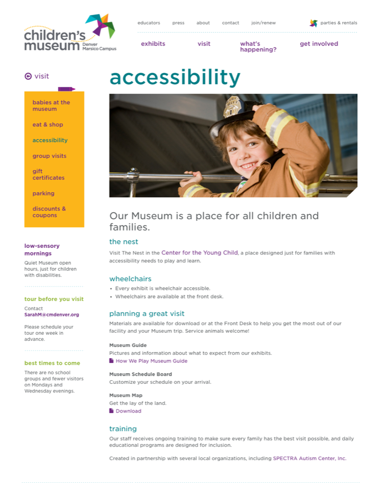 Screenshot of the Children's Museum of Denver Accessibility page. There is a picture of a young boy dressed as a firefighter. There is minimal information, with each heading only having one or two sentences explaining information. It is easy to scan and find link. 
