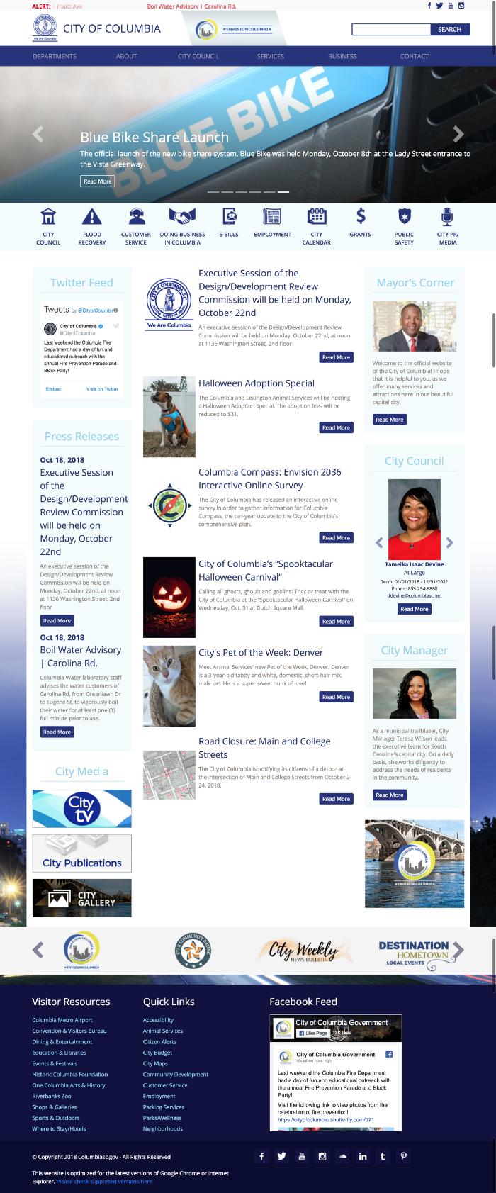 Home page of the City of Columbia website. It is very cluttered, with several segments of pictures and paragraphs of text. 