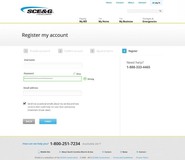 Final, polished design for the SCE&G account registration page, with the logo, brand colors, and graphical elements defined.