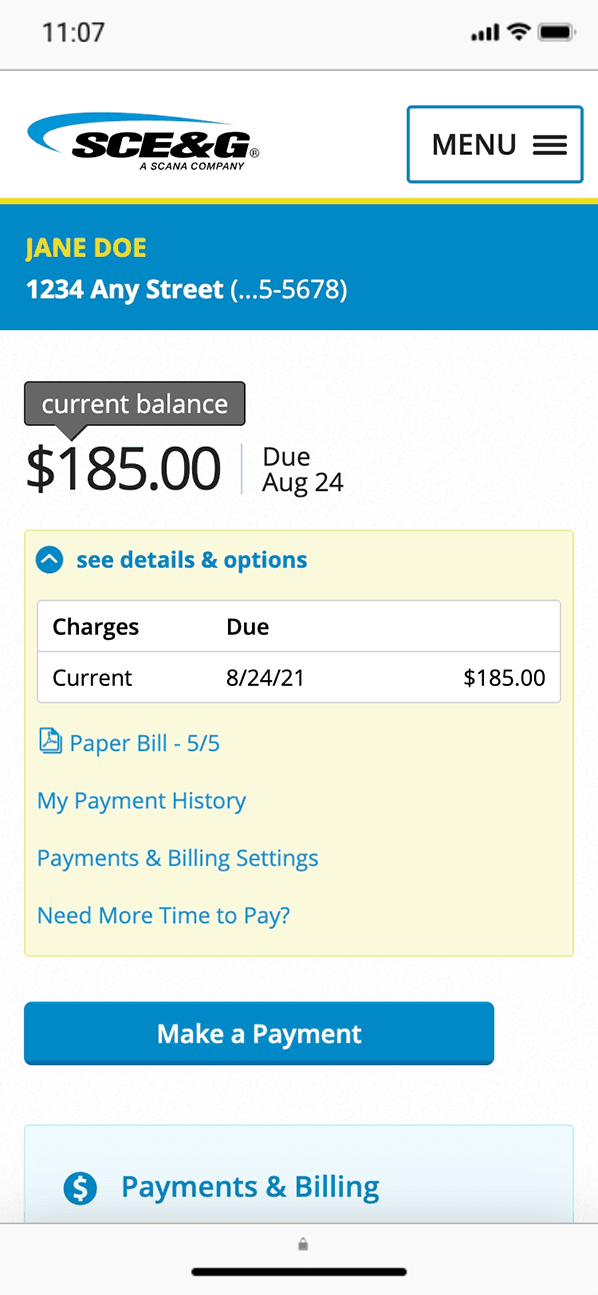 Mobile SCE&G landing page. A top banner displays the account information above the current balance and due date, a table of current charges and due date, quick links, and payment options.