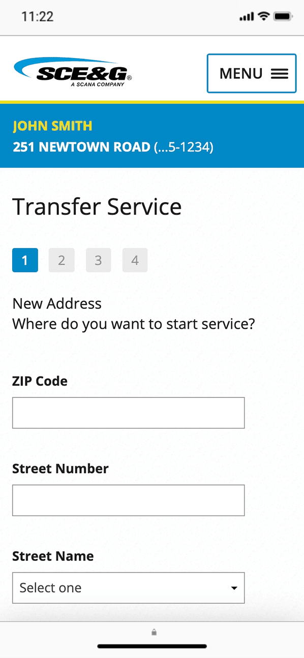 Mobile transfer service page for SCE&G. Four blocks labelled 1 through 4 outline the steps required to transfer service, with the first block active, above fields to enter the new address information.