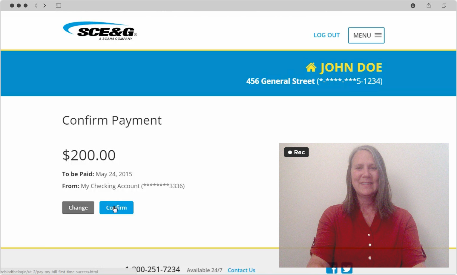 Screenshot from a user video test, showing a browser screen displaying the SCE&G payment confirmation page in the background and a video feed of the user in bottom right.