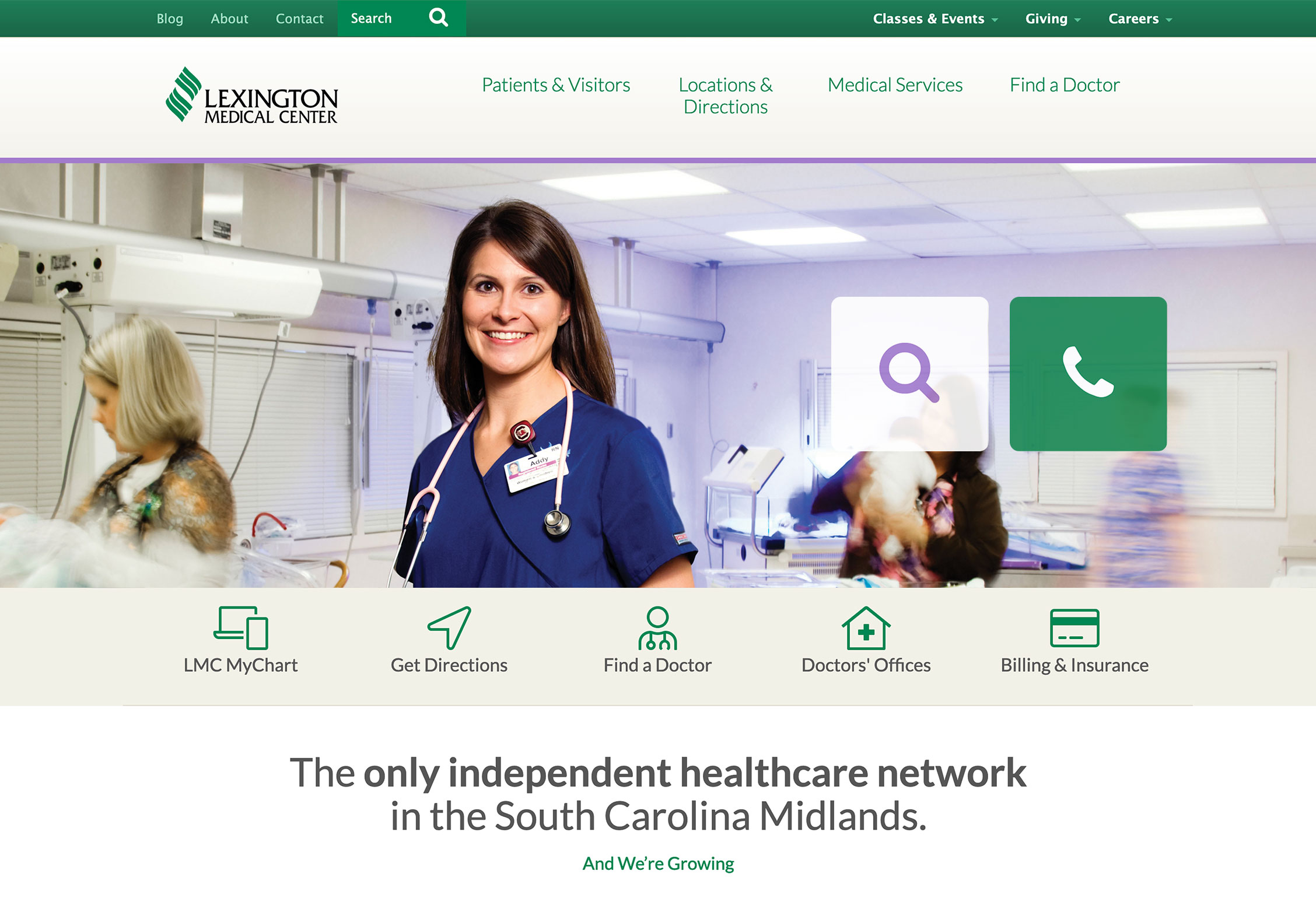 Lexmed.com homepage showing the logo and horizontal navigation links above a hero image of a doctor and icons for search and call, then a row of quick links, and a large, full-width statement: The only independent healthcare network in the South Carolina Midlands.
