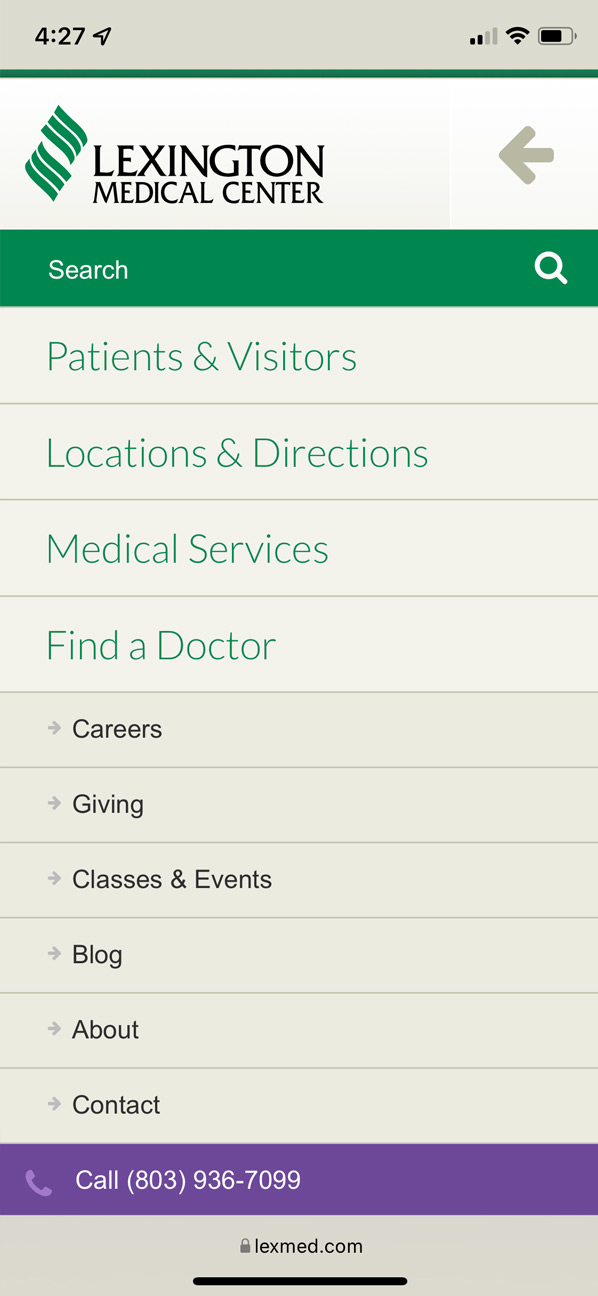 Mobile navigation on lexmed.com, with a search bar, a vertical list of links, grouped by hierarchy, and a contact number link to call.