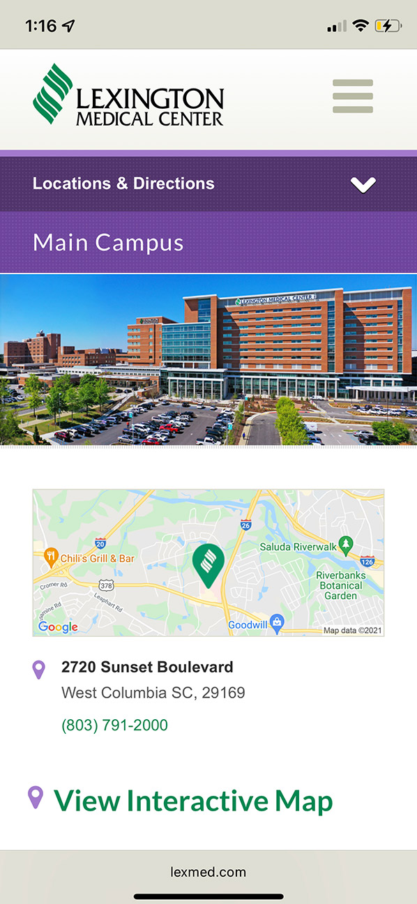 Mobile page for the Main Campus on lexmed.com, show a banner linking back to Locations & Directions. The hero image shows an exterior shot of the campus, above a google map embed, address, phone number, and link to an interactive map.