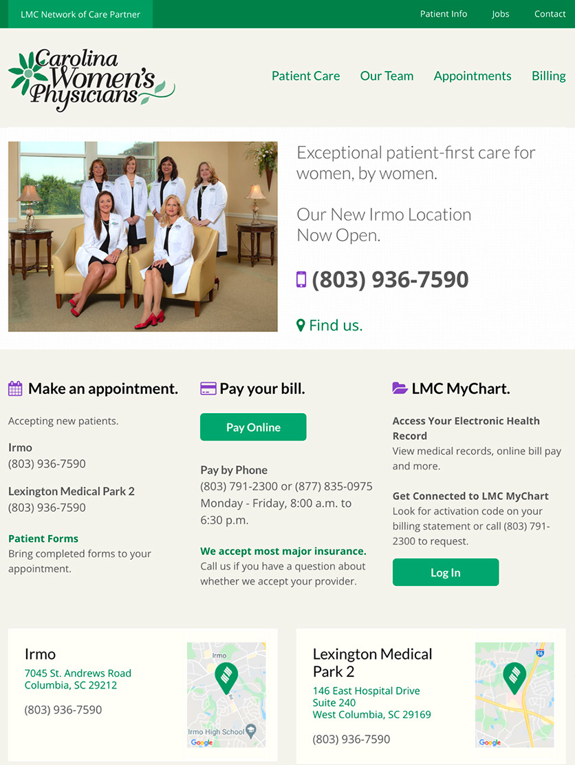 Tablet view of the Carolina Women's Physicians practice site. The horizontal navigation, icons, and brand colors echo details from lexmed.com.