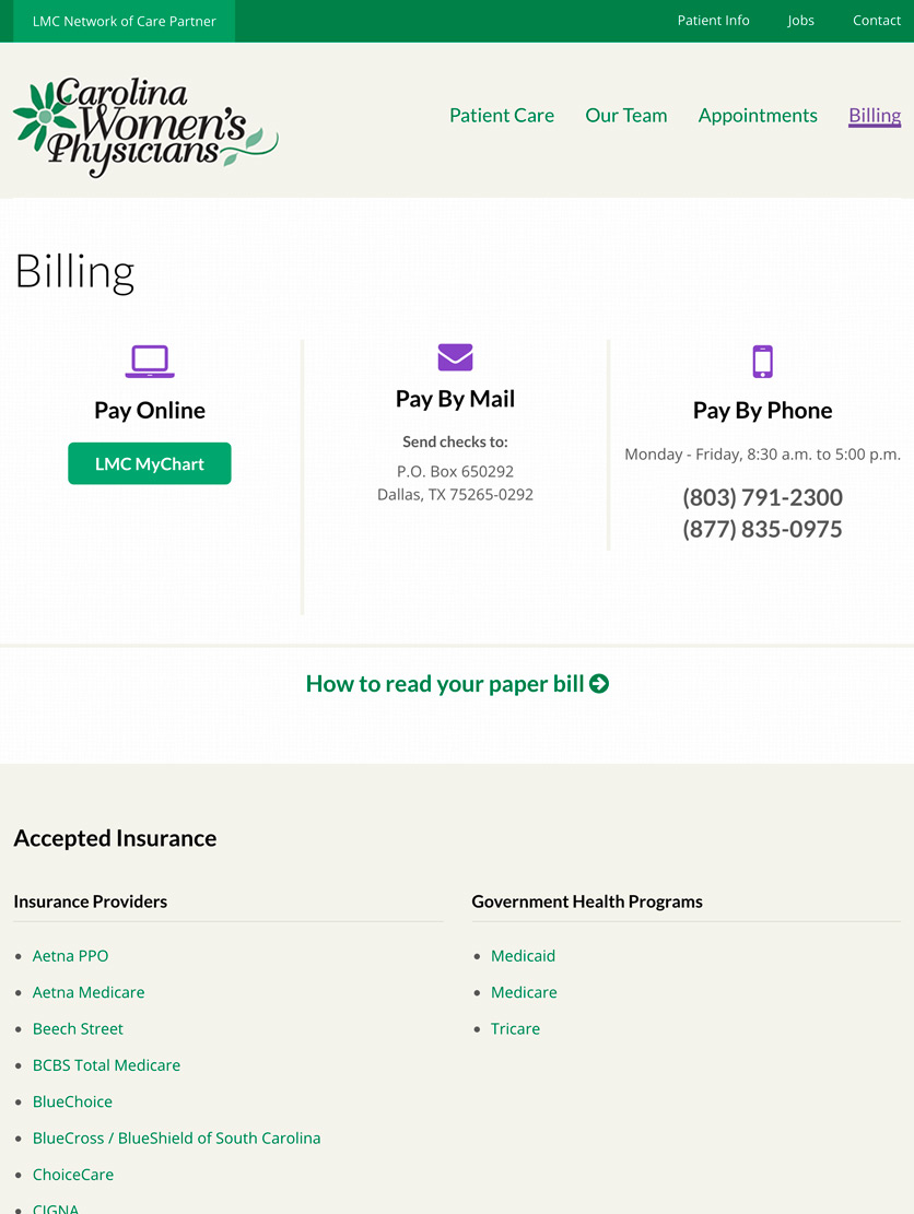 Billing page on the Carolina Women's Physicians practice site, with three columns outlining the main actions: Pay online, by mail, or by phone, with help links to read your bill and a list of accepted insurance.