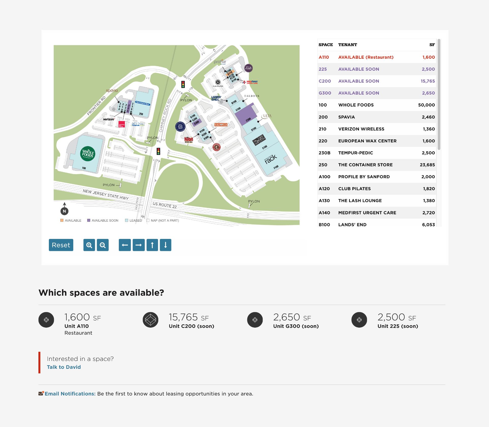 Property map showing the street and surrounding locations. To the right, a table of information provides spaces available, tenant, and square footage. Below, a section showing what spaces are available ending with a link to contact the leasing agent.