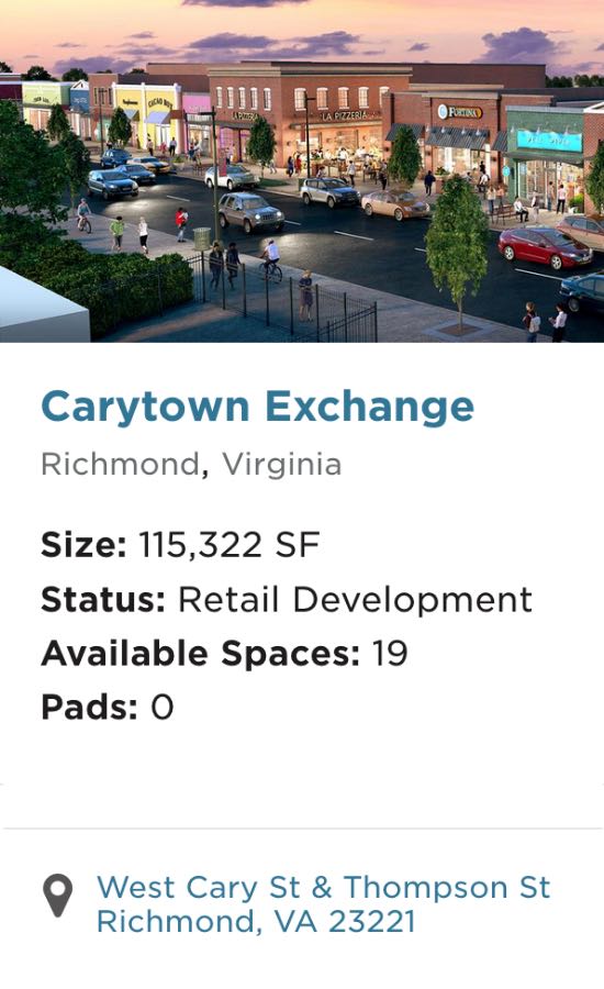 Property card with at-a-glance details for Carytown Exchange.