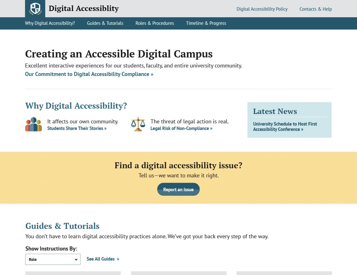 Sample landing page for a digital accessibility training site, with prominent links and wayfinding for learning about digital accessibility, reporting issues, and browsing guides & tutorials based on role.