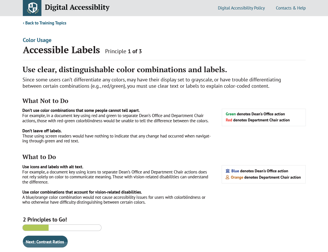 Sample detail page from a digital accessibility training guide on Accessible Labels, in a section on Color Usage. Requirements are outlined with the dos and donts, while progress is tracked with a status bar at the bottom of the page.
