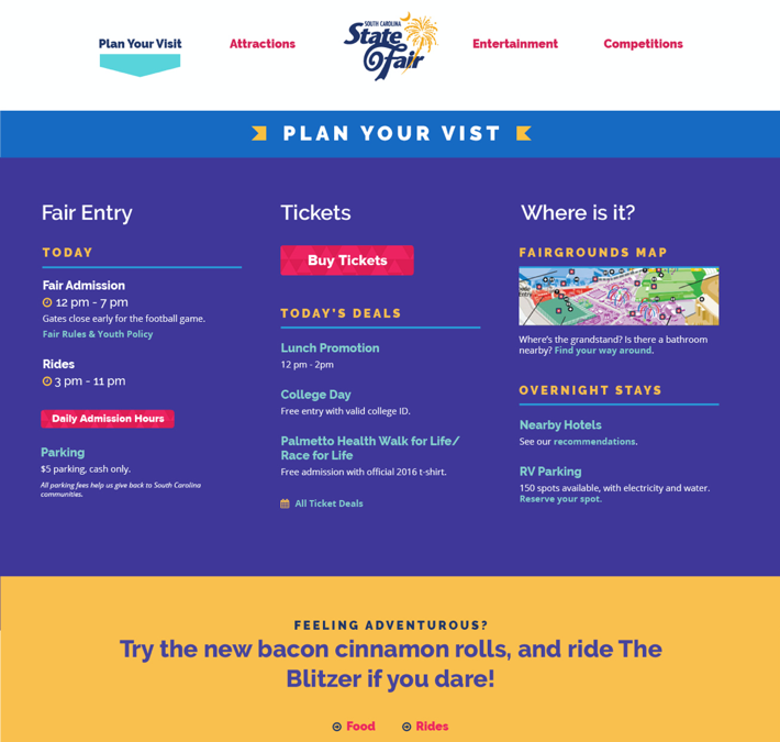 Screenshot of the South Carolina State Fair Plan Your Visit page on their website. It has easy to read categories, such as 