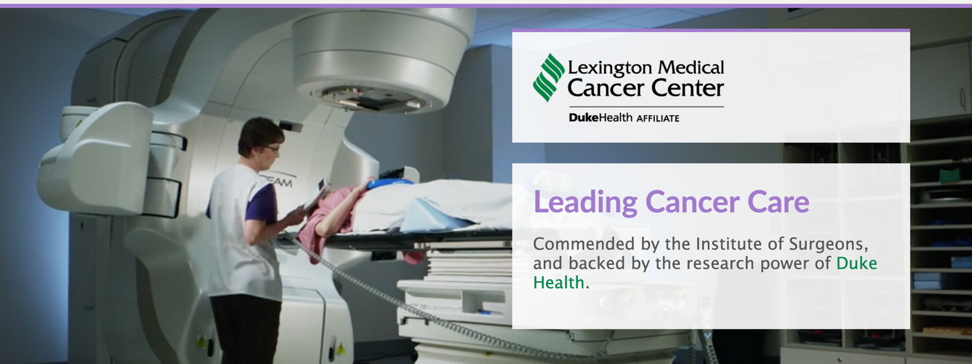 The Lexington Medical Cancer Center about page. It has a large picture of a patient receiving an MRI.
