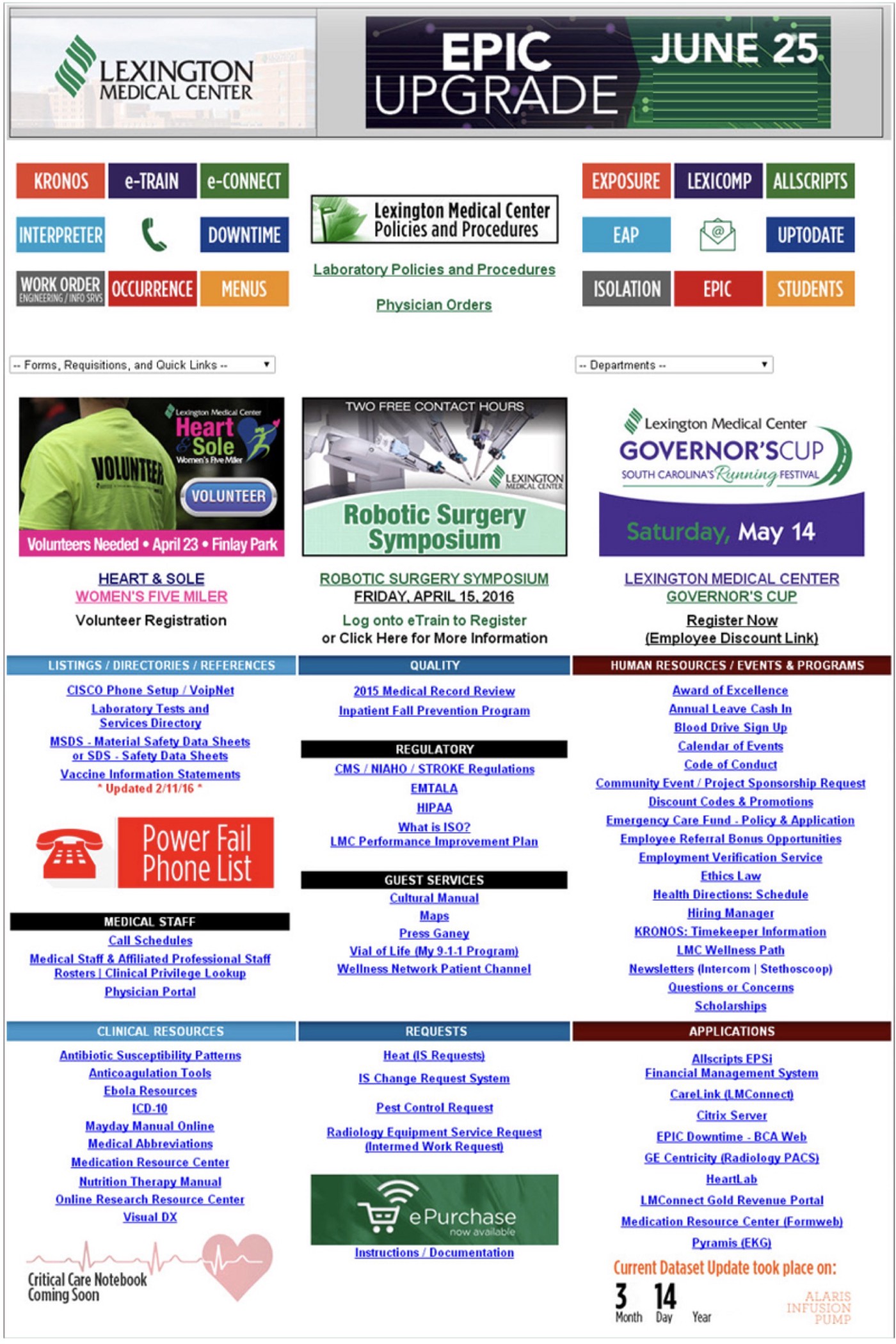 The home page from Lexington Medical Center's old intranet. The page is full of icons and multiple lists with many items at the bottom of the screen. 