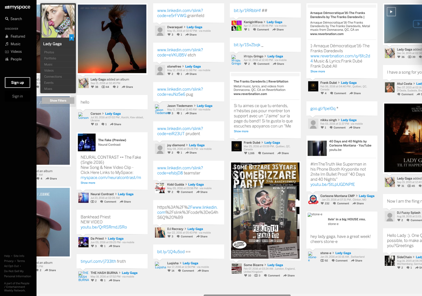 Lady Gaga's MySpace page. Different posts are scattered on the screen with no apparent headings or organization. 