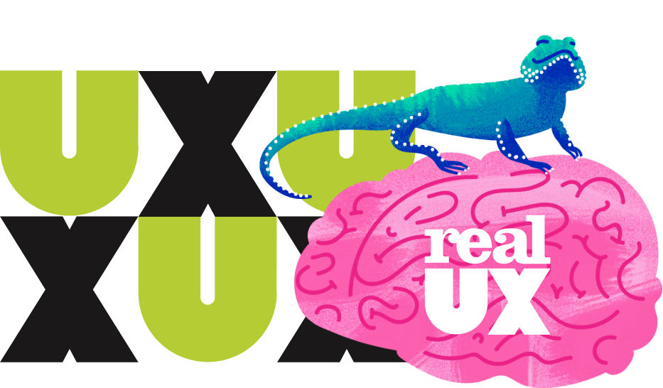 Illustration of a lizard sitting on a brain with the letters "U" and "X" in a green and black background pattern.