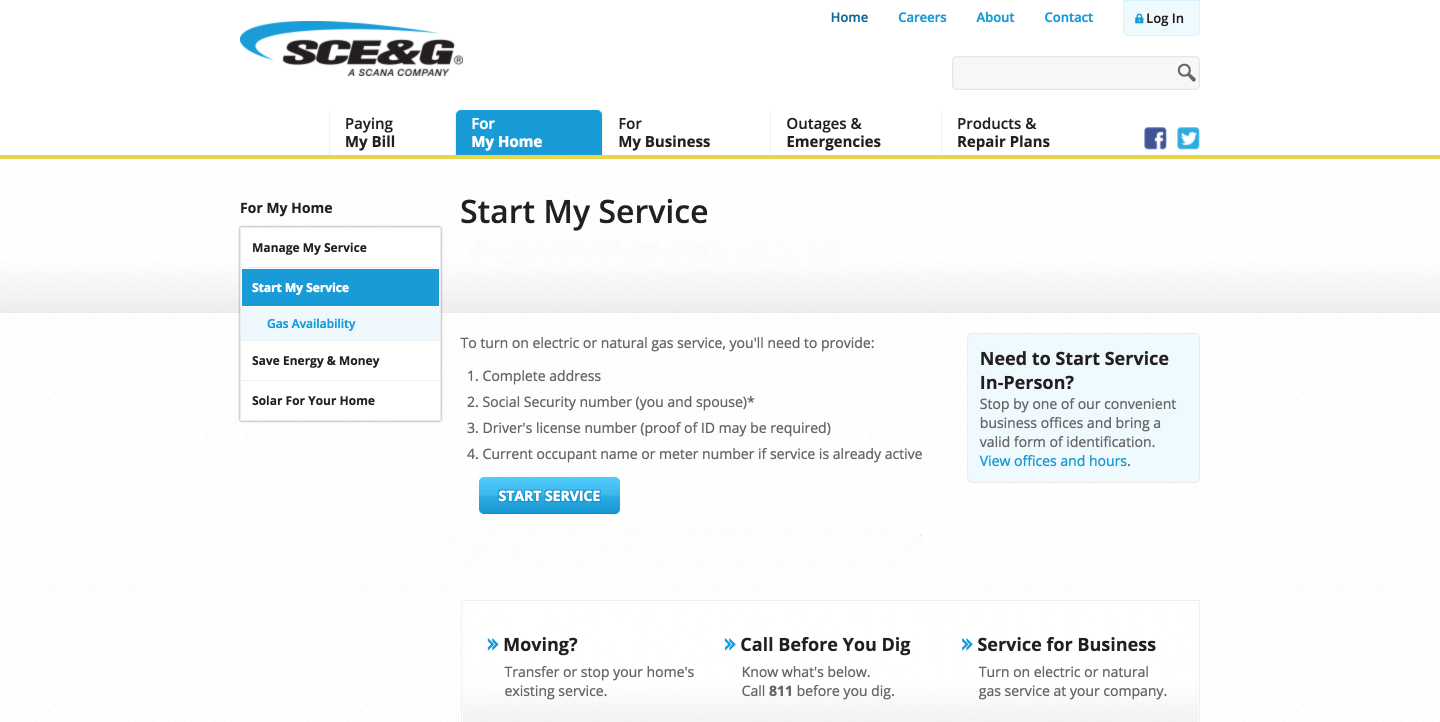 Screenshot of the SCE&G Start My Service page. It has a small list about what is needed to begin service with them, and a 