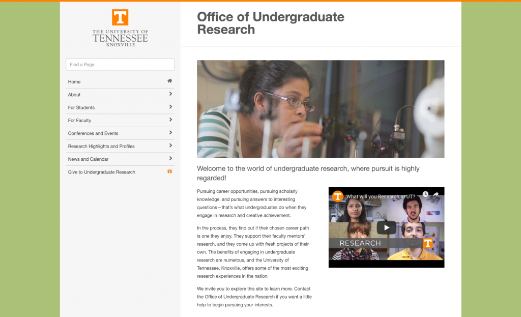 The University of Tennessee Office of Undergraduate Research page. There is a picture of a girl doing research in a lab and a long welcome message. There is a navigation panel on the left side of the page. 