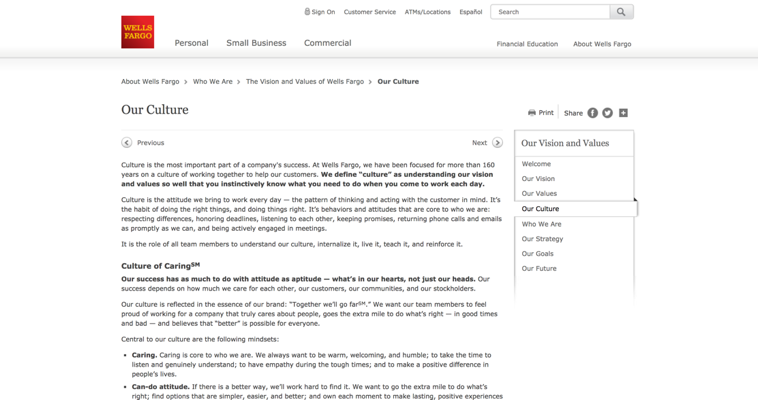 Screenshot of the Wells Fargo Our Culture page. There is a wall of text explaining their culture.