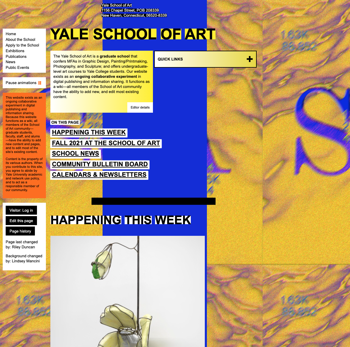 The Yale School of Art home page. The background is a cut off yellow image. There is a bold blue streak in the middle of the screen. Content is placed in yellow boxes with black text.