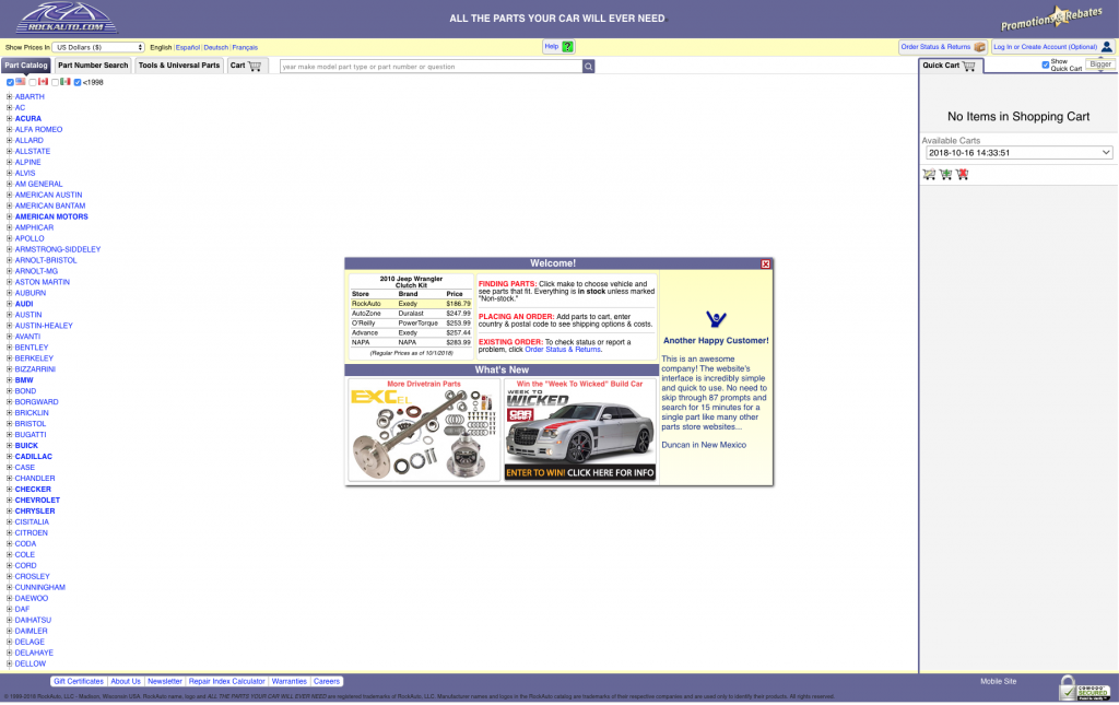 The Rock Auto Part Catalog. The page is mostly empty, except for the left that has a long list of blue links. In the middle of the page is a square with pictures of a car and parts, along with a small chart that compares prices to other auto part stores. 
