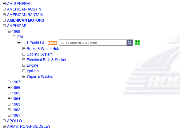 A list of expandable blue links. Amphicar is expanded to a list of years, with 1968 selected, then 770, then 1.1L 70cid L4. A search bar is next to this item, reading part name or part type. There are icons for rss feeds, search, and a green help question mark.