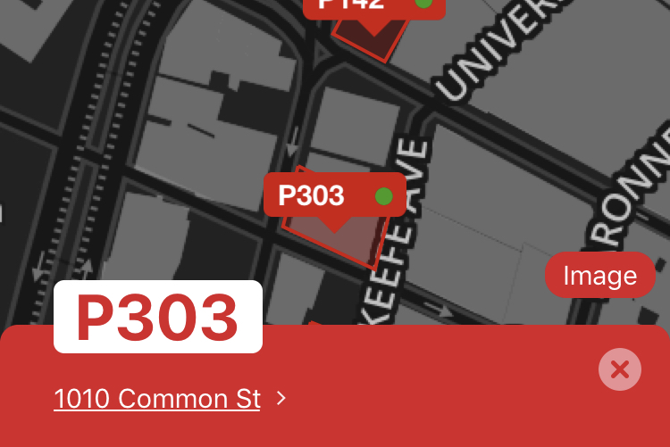 A screenshot of the parking app,
  showing a close up of a chosen parking space, P303. The map shows the spot but
  it is impossible to tell where it is located. You can only see where the spot
  is located based on the address. 