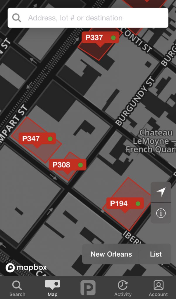 A screenshot of the  parking app, zoomed in on three red parking spots on a map. Each spot has a label that are similar to each other.