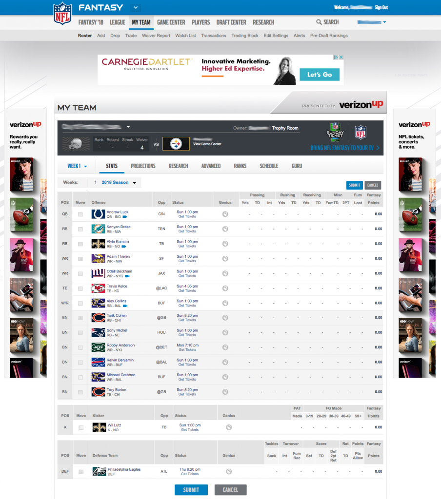 A screenshot of the NFL Fantasy Football website. On the left and right margins are ads. In the middle is the Stats screen with a table of players and their status.