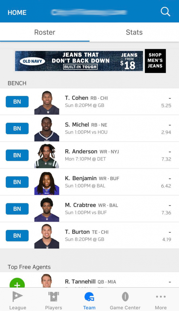 set-team-phone-591x1024 A screenshot of the NFL Fantasy Football app. It shows a roster of different players, each with their status, name, picture, position, and when they are playing.