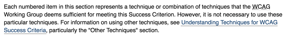 A long paragraph from the WCAG guidelines with a link in blue in the middle of the paragraph that is also underlined. The link is blue and also gives a non-color indication that it is a link in the form of an underline). It passes contrast compliance.
