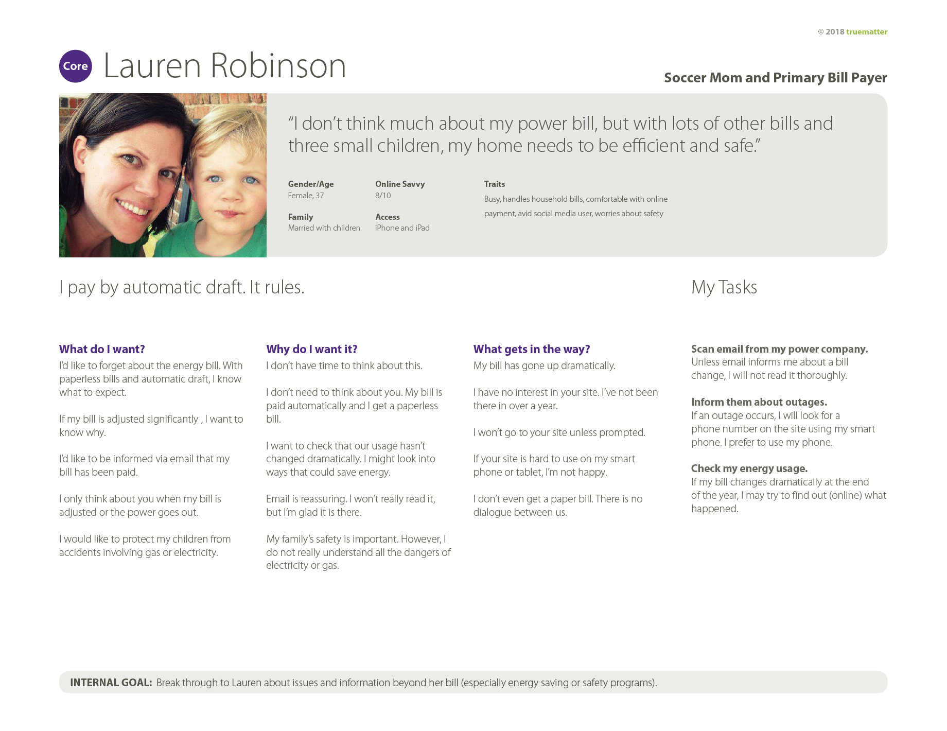 tm-uxstrat-persona-example An image of a completed truematter persona sheet. There is a picture of a woman with her son, with her name,