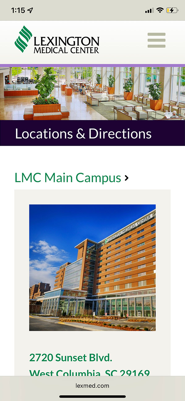 Mobile Locations & Directions page on lexmed.com, showing a hero image of the front desk area and page title above a link to the first location, the LMC Main Campus, along with an exterior photo and address.